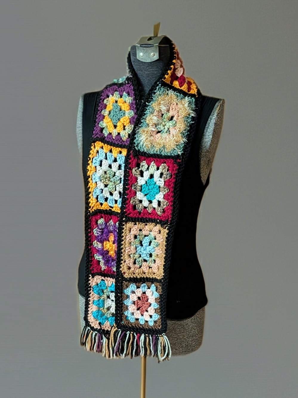 EUC Handmade Crochet Granny Square Scarf Boho Chunky Patchwork Fringe 6"x60" - Picture 4 of 7